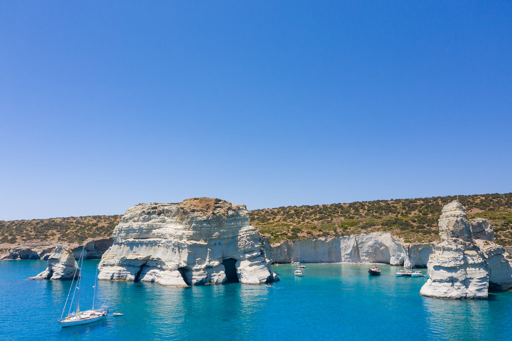 Arial view of the caves at Kleftiko on Milos Island, Greece